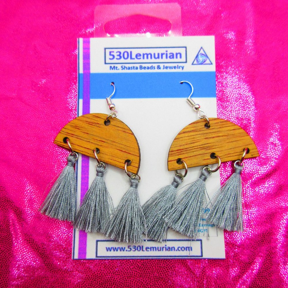 Gray Tassel Wood Earrings